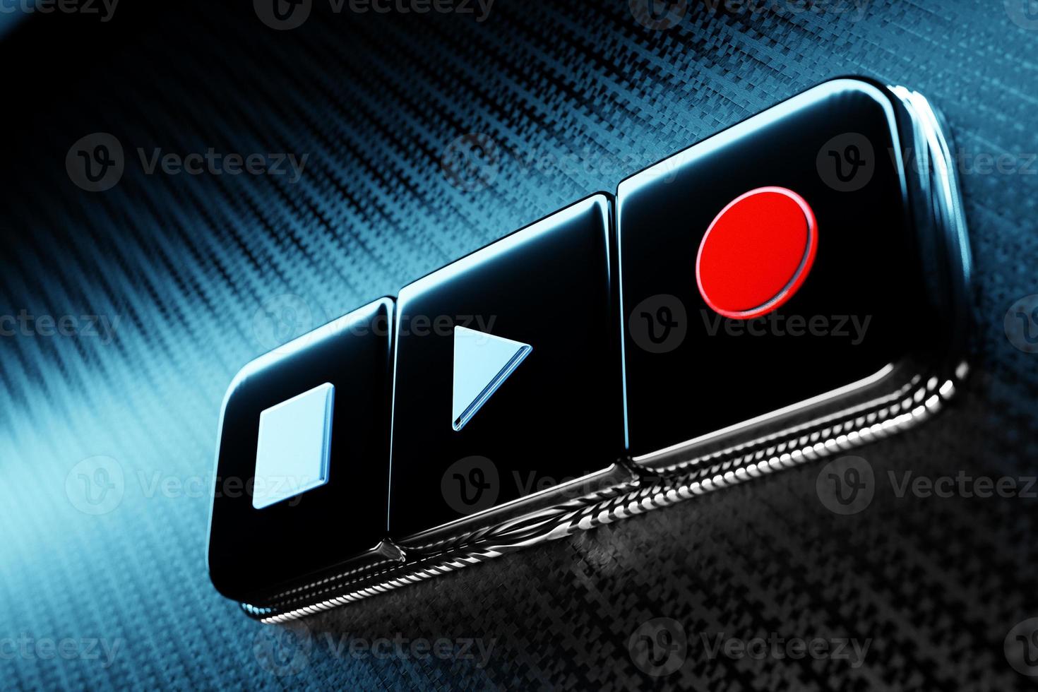 3d illustration of music switch button start, stop  and record song on black isolated background photo