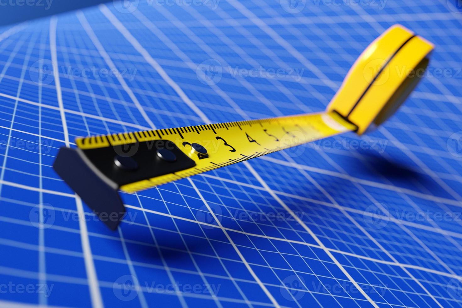 3D illustration of a yellow tape measure on a background of blue graph paper. Hand-held measuring tool for building, renovation or carpentry work. photo