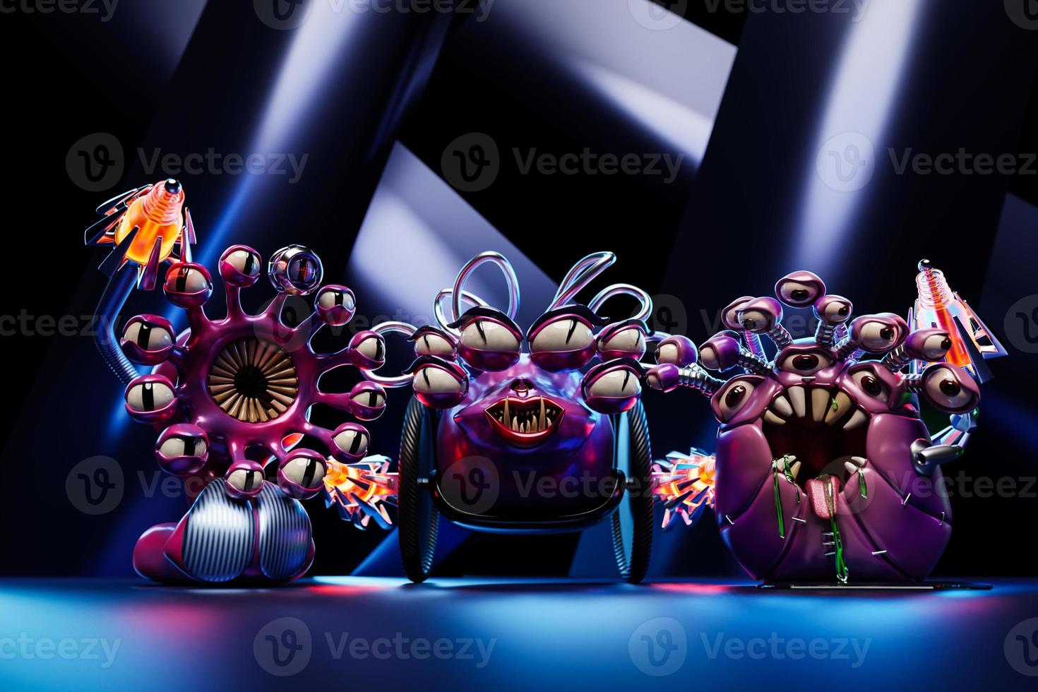 Evil pink cartoon monsters with a huge number of eyes, sight eyes, dangerous sting weapons are ready to attack. 3d illustration photo