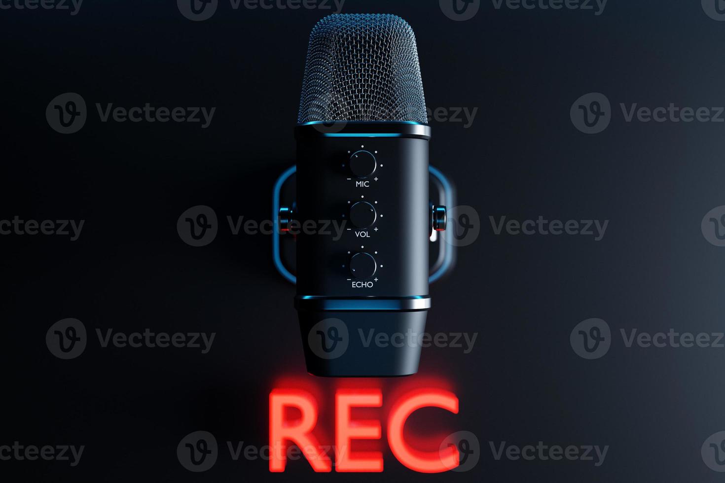 3d illustration, retro  pink microphone with neon green signboard REC on  black  background. Music award, karaoke, radio and recording studio sound equipment photo