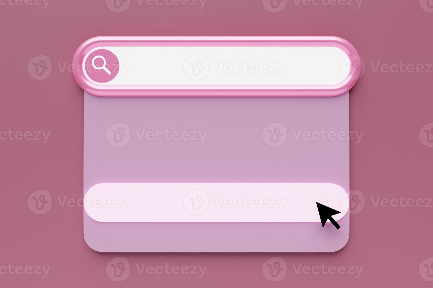 3D illustration search frame, box, panel on the internet with a magnifying glass icon, a large white field for choosing from options on a pink background photo