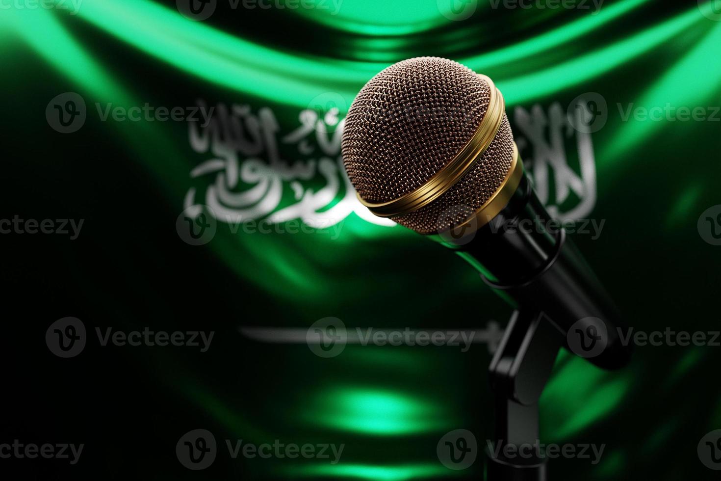 Microphone on the background of the National Flag of Saudi Arabia, realistic 3d illustration. music award, karaoke, radio and recording studio sound equipment photo