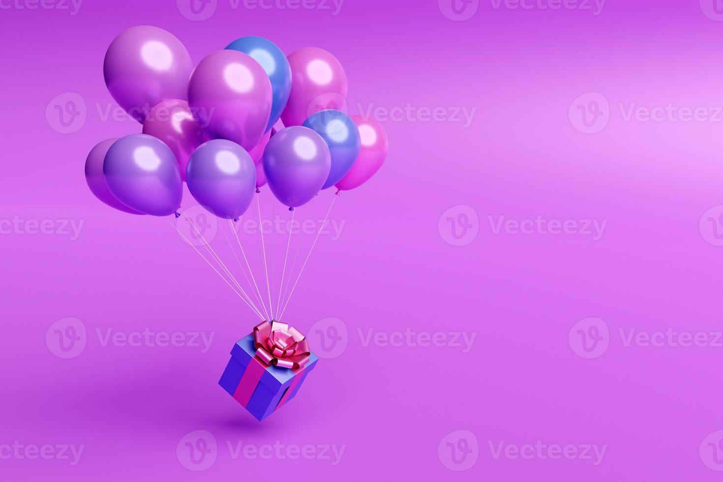 3d illustration gift in a beautiful purple packaging box, a satin ribbon bow flies with the help of uplifting balloons on a purple background. Festive paraphernalia, gift set. photo