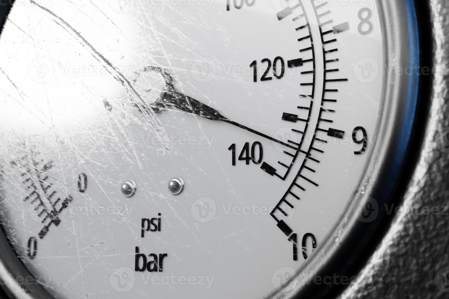Round temperature gauge isolated on a black panel. Circular barometer or indicator template. 3d illustration photo