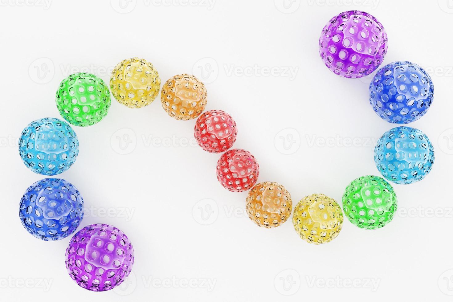 3D rendering. Multi-colored balls with holes in the shape of a snake. Close-up of the geometric shapes of the ball on a white background photo