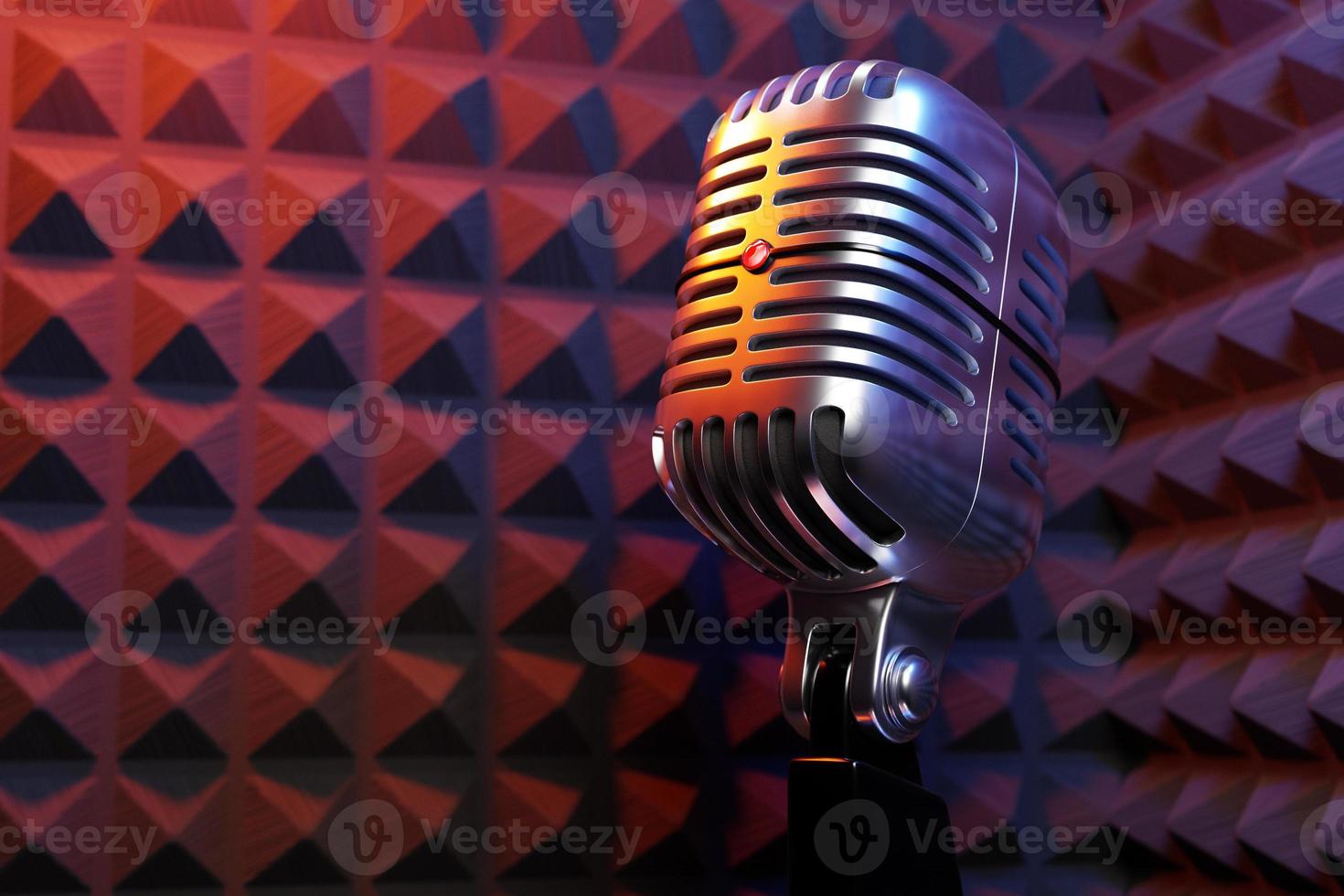 Silver  retro microphone against the backdrop of the walls of a recording studio with good sound insulation . minimal style. 3d rendering photo