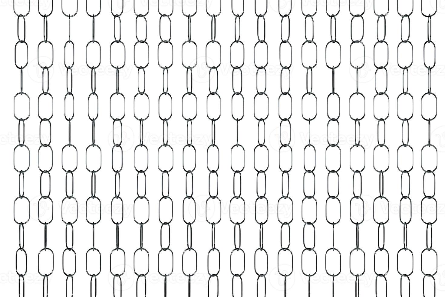 3d illustration of rows of silvery metal chains. Set of chains on a white background. Geometric pattern. Technology geometry background photo