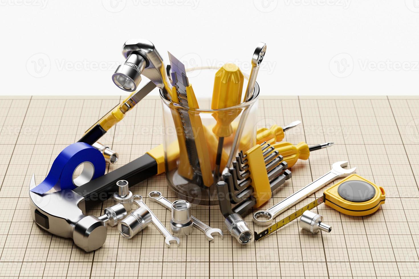 3D illustration of a metal hammer, screwdrivers, pliers, level, tape measure, electrical tape, cutter with yellow handle on graph paper. 3D rendering of a hand tool for repair and installation photo