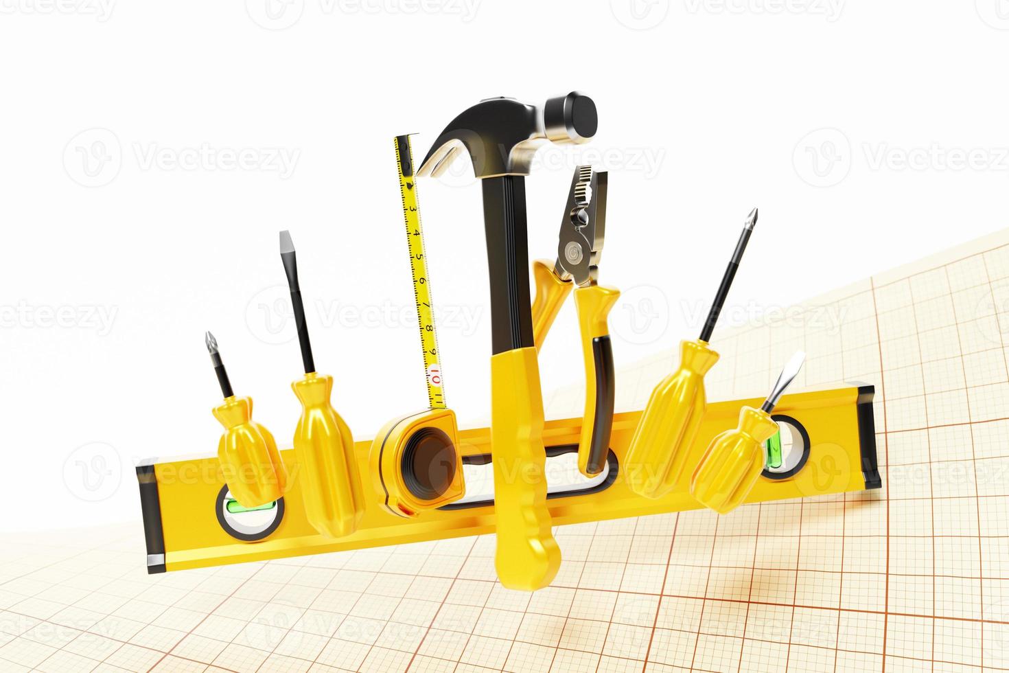 3D illustration of house repair tools on isolated white background. Cute set, elements, stickers, icons. Funny colorful design. photo