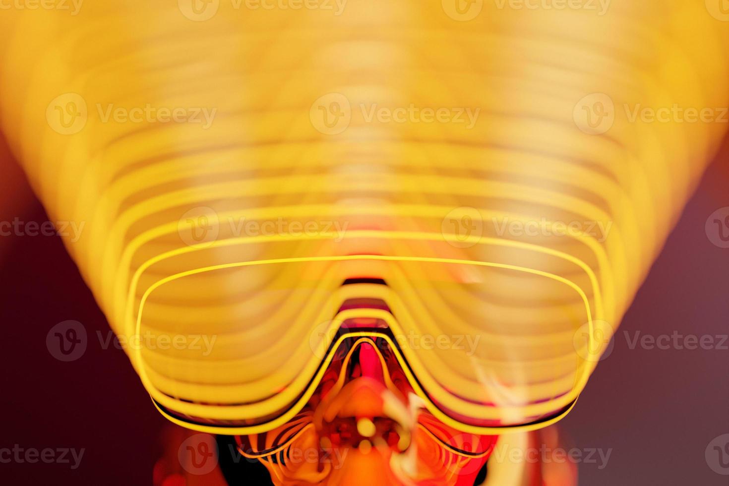 Black model of a man in realistic sunglasses under yellow neon light, 3d illustration photo