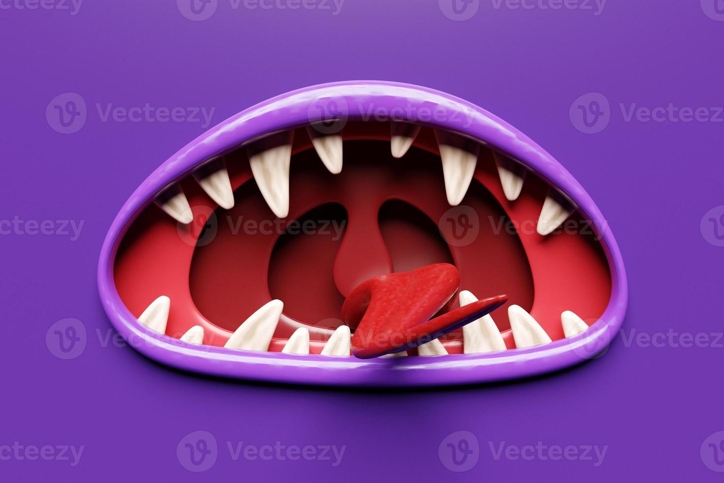 Ilustración 3D de una boca de monstruo. expresión facial divertida, boca abierta con lengua y baba. foto