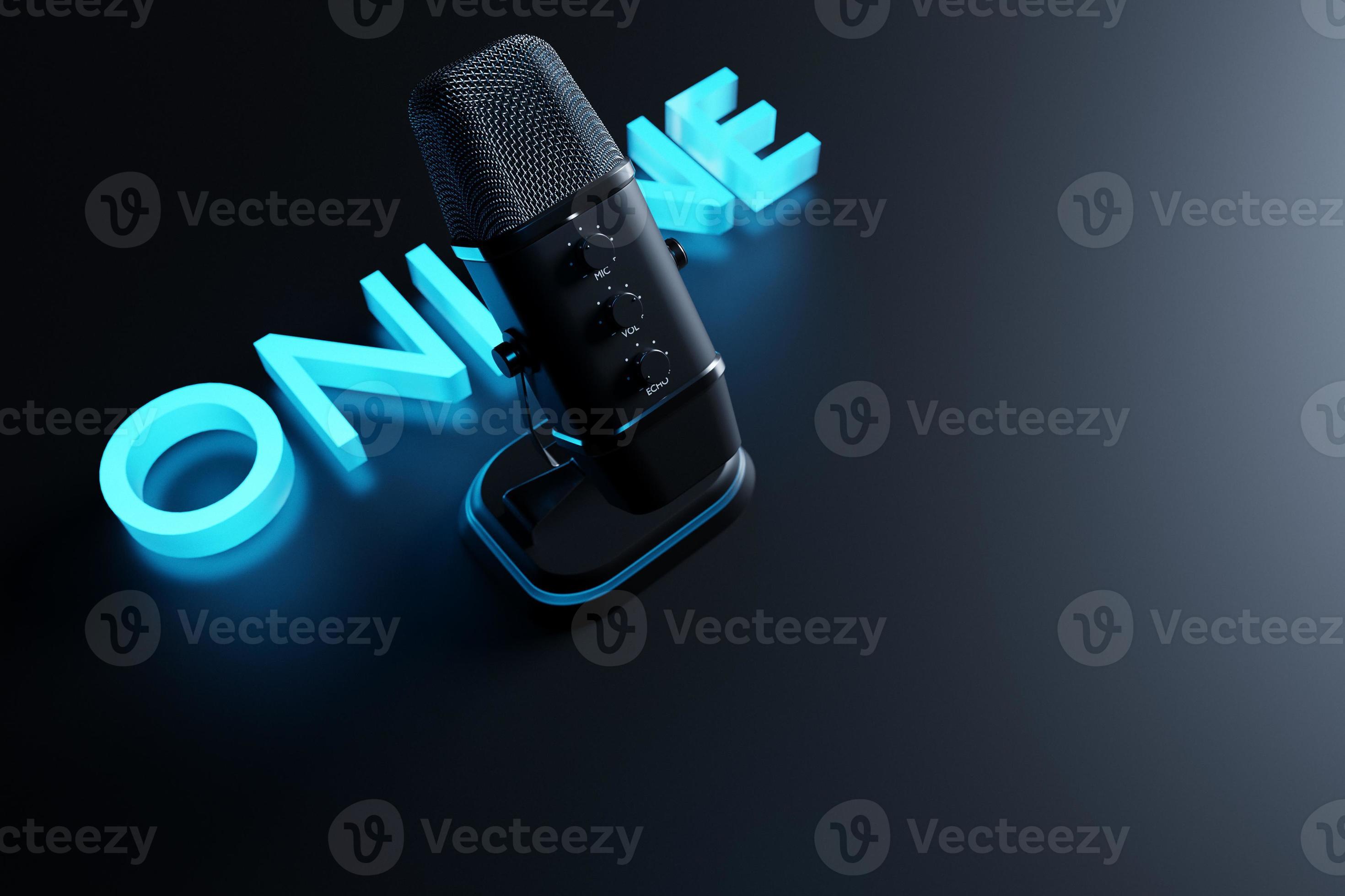 3d illustration, retro pink microphone with neon green signboard ONLINE on  black background. Music award, karaoke, radio and recording studio sound  equipment 8159171 Stock Photo at Vecteezy