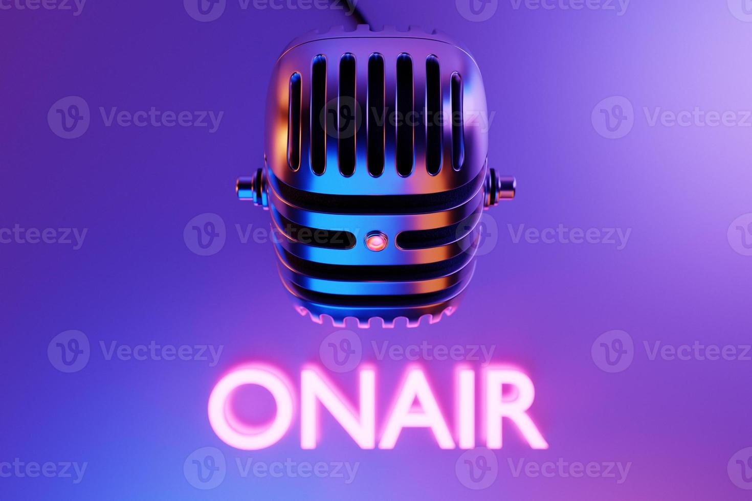 3d illustration, retro  microphone with neon pink signboard ONAIR  on  pink background. Music award, karaoke, radio and recording studio sound equipment photo