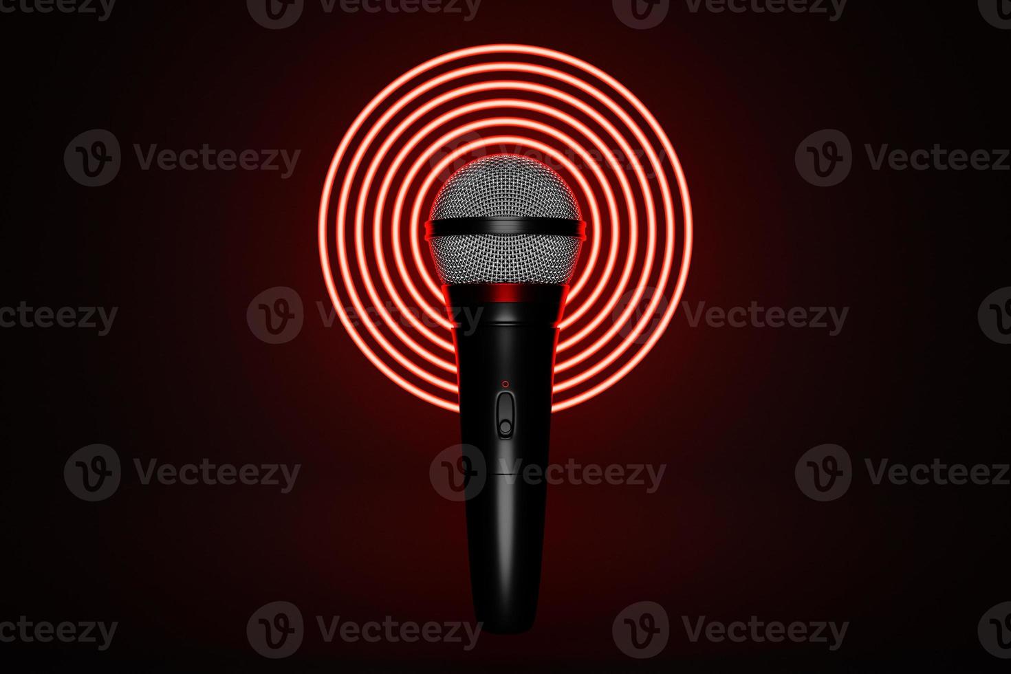 microphone, round shape model o neon background, realistic  3d illustration. music award, karaoke, radio and recording studio sound equipment photo