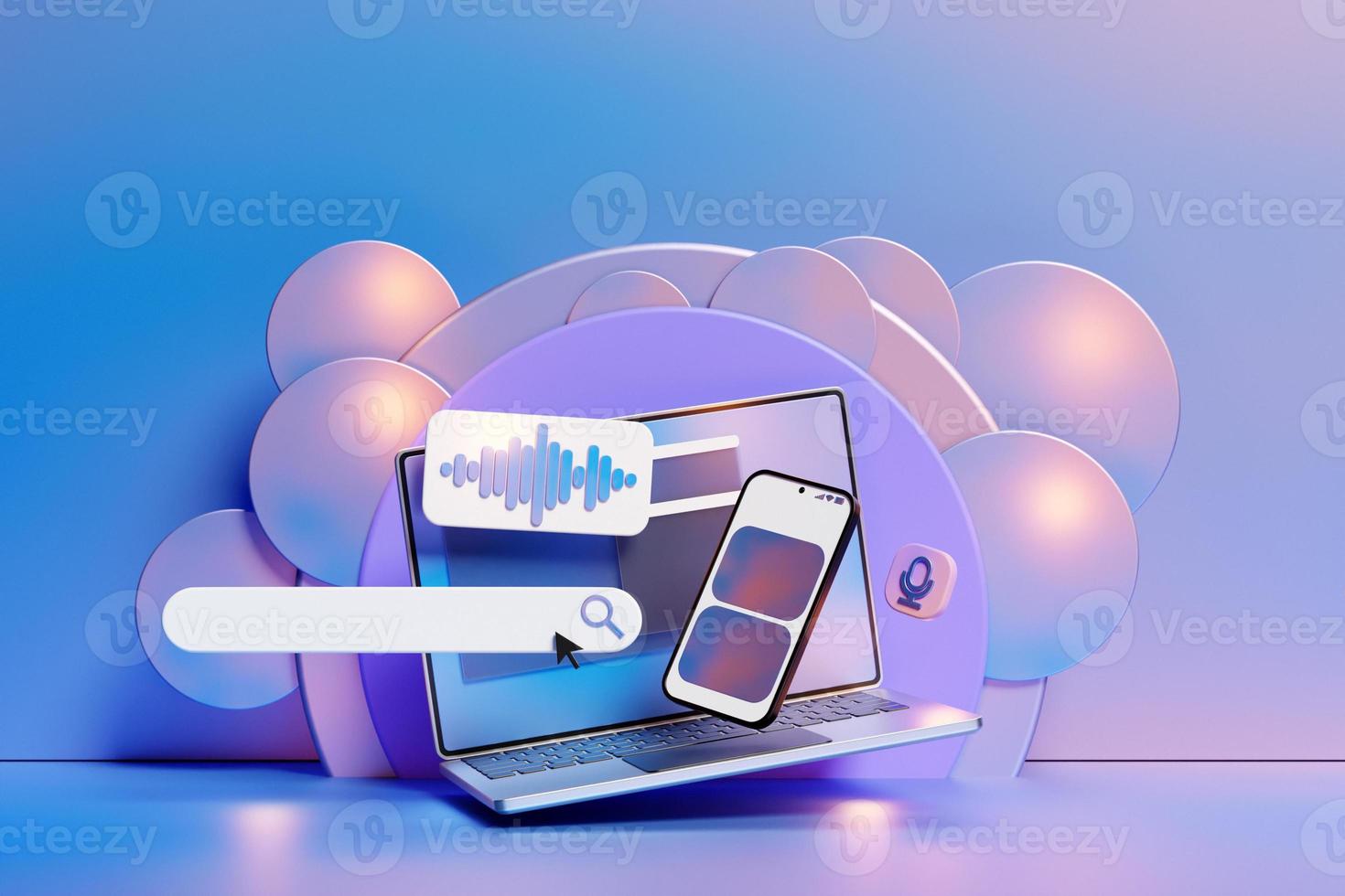 3D illustration of a laptop and smartphone with an open browser tab on the screen and an audio search icon.The concept of communication via the Internet, social networks, chat photo