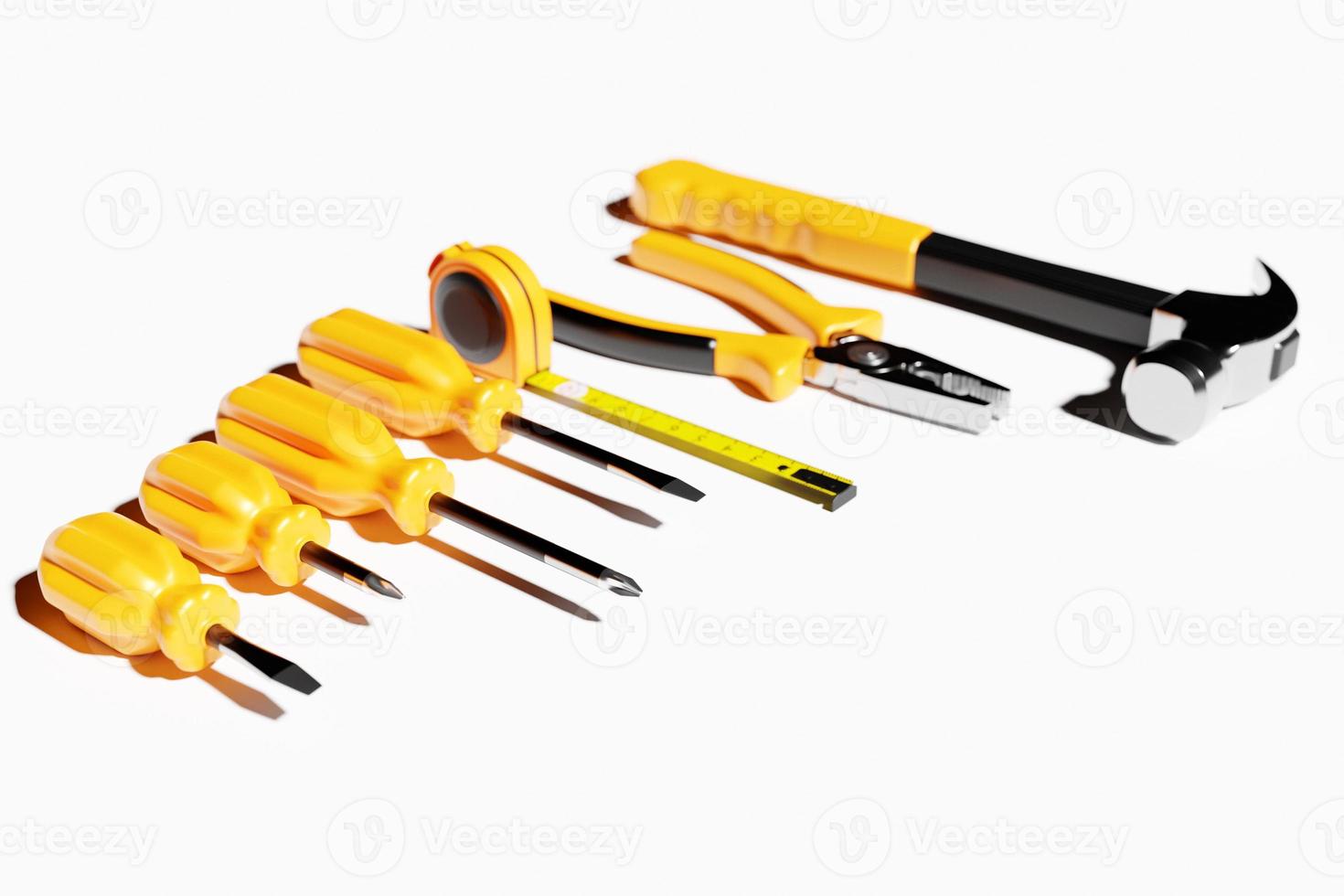 3D illustration of a metal hammer with a yellow handle, screwdrivers, pliers, hand tools isolated on a white background. 3D render and illustration of repair and installation tool photo