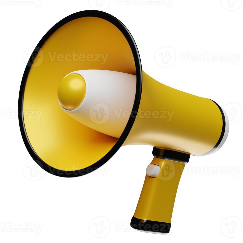 yellow cartoon glass loudspeaker on a  white  monochrome background. 3d illustration of a megaphone. Advertising symbol, promotion concept. photo