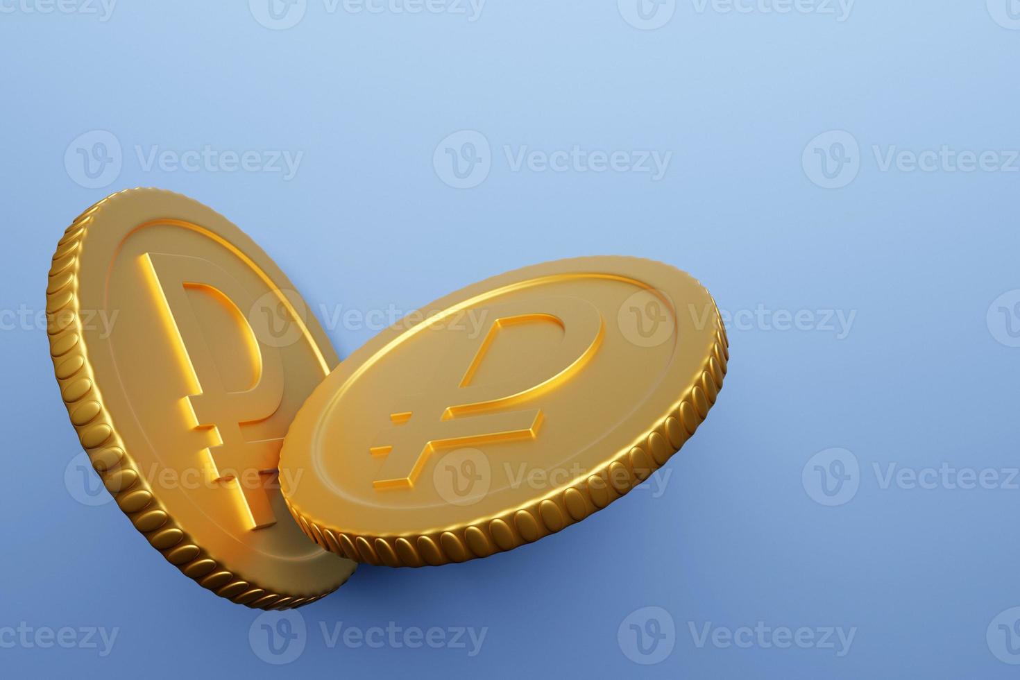 Golden coin with ruble sign isolated on blue background. Income concept. 3D rendering. photo