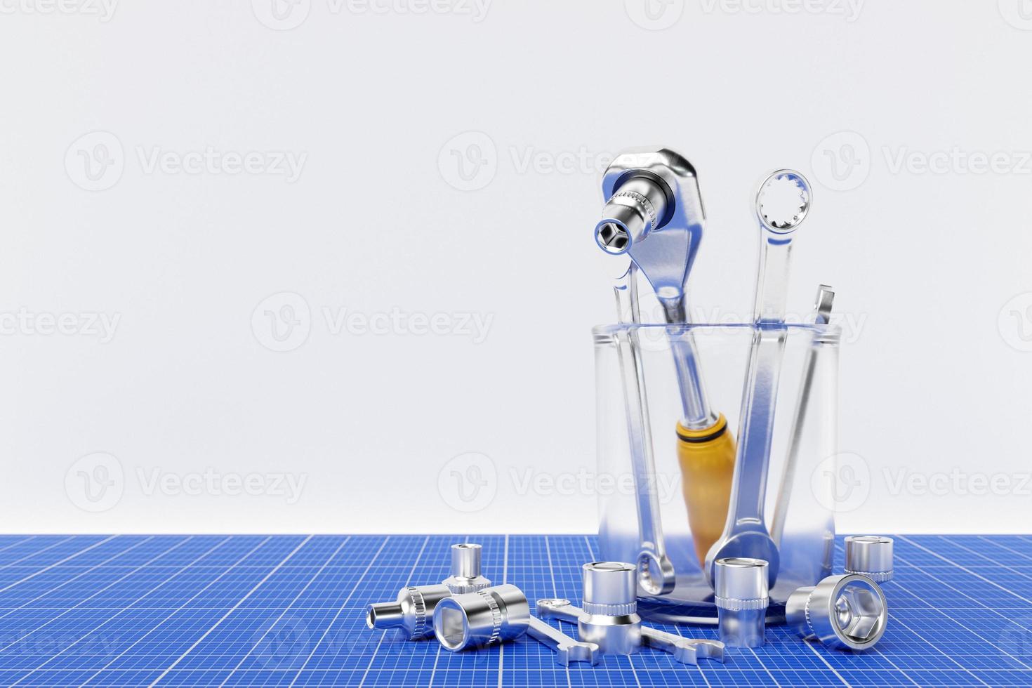 Various  working tools for construction, repair on purple background. Screwdriver, level, electrical tape, hammer, knife, scissors, wrench, etc. 3D illustration photo