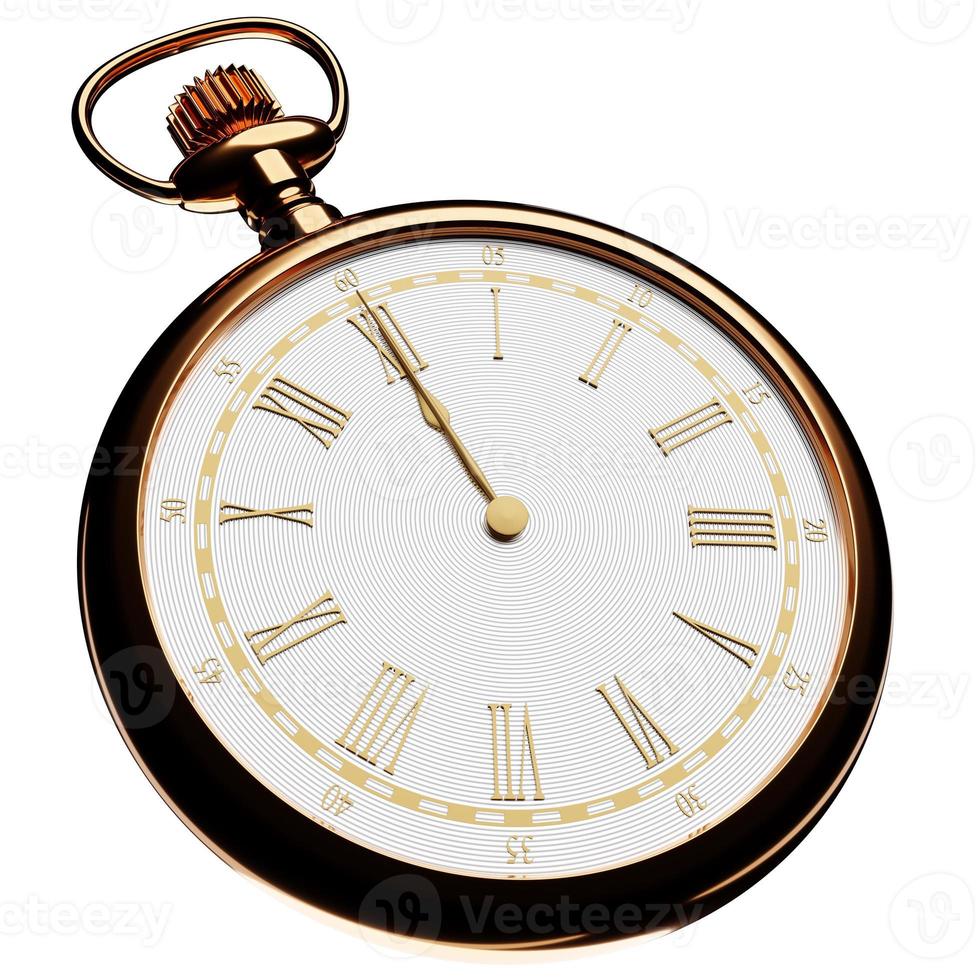 3d illustration of antique golden round clock on white isolated background. Stopwatch icon, logo. Chronometer, vintage timer photo
