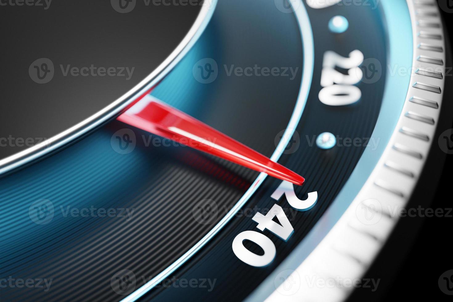 3D illustration close up black car panel, digital bright speedometer in sport style under white neon light. The speedometer needle shows a maximum speed of 240 km  h photo