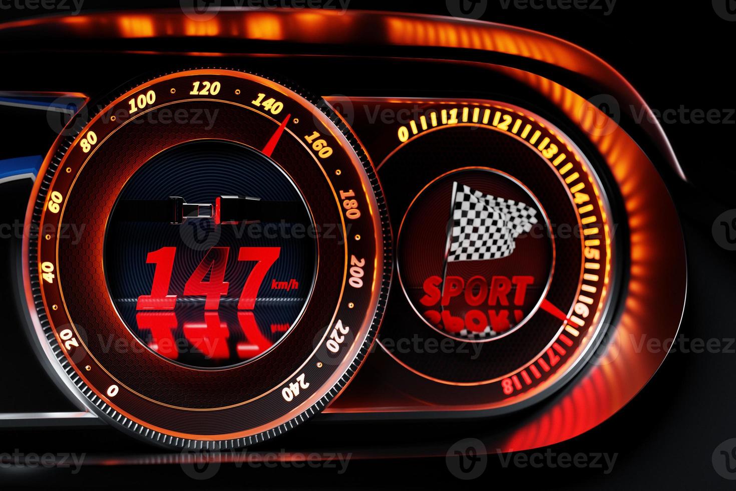 3D illustration of the new car interior details. Speedometer shows a maximum speed of 147 km  h, tachometer with red backlight with icon seat belt fastening   in sport style photo