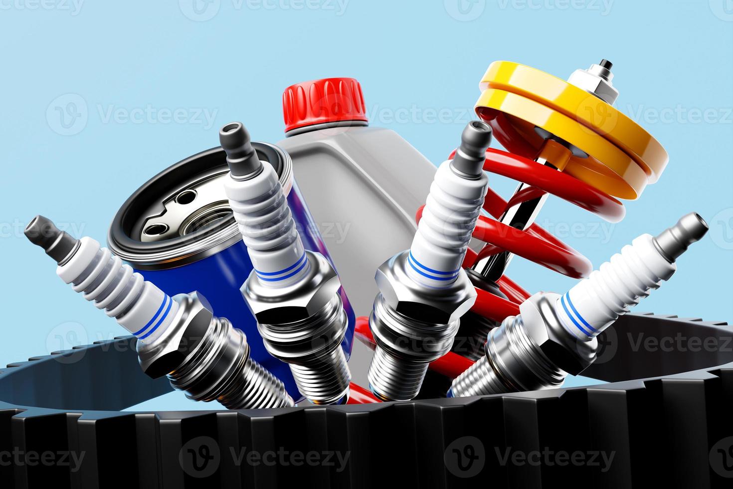 3d illustration of auto parts car  spark plugs, shock absorber, oil canister, fuel and air filters on blue  isolated background. Car Repair Parts photo