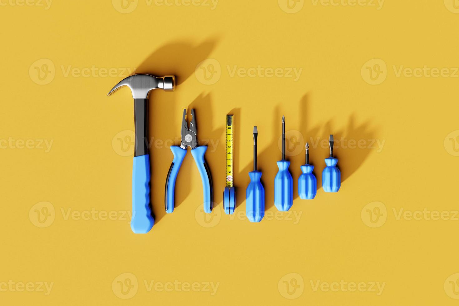 3D illustration screwdriver, hammer, pliers, screws, etc. for handmade. Various working tools. Construction, construction, renovation concept. photo