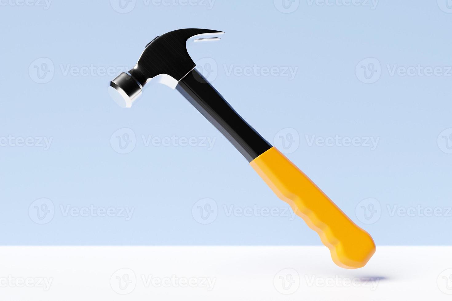 3D illustration of a metal hammer with a yellow handle hand tool isolated on a white background. 3D render and illustration of repair and installation tool photo