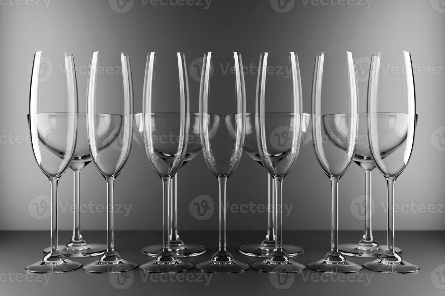 3D illustration of glasses for champagne, wine. Wine glasses for alcohol on a gray background photo