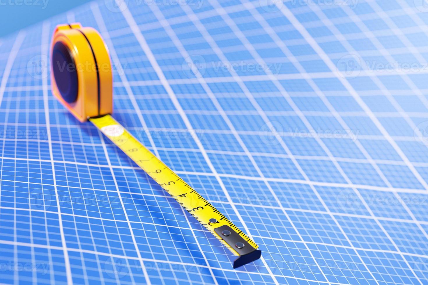 Ilustración 3d de una cinta métrica amarilla sobre un fondo de papel cuadriculado azul. herramienta de medición manual para trabajos de construcción, renovación o carpintería. foto