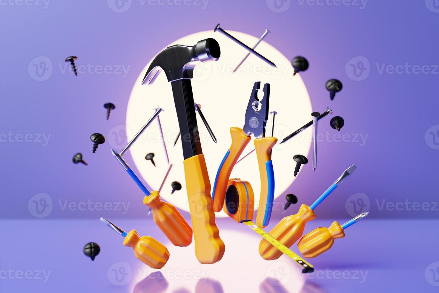 3D illustration screwdriver, hammer, pliers, screws, etc. for handmade. Various working tools. Construction, construction, renovation concept. photo