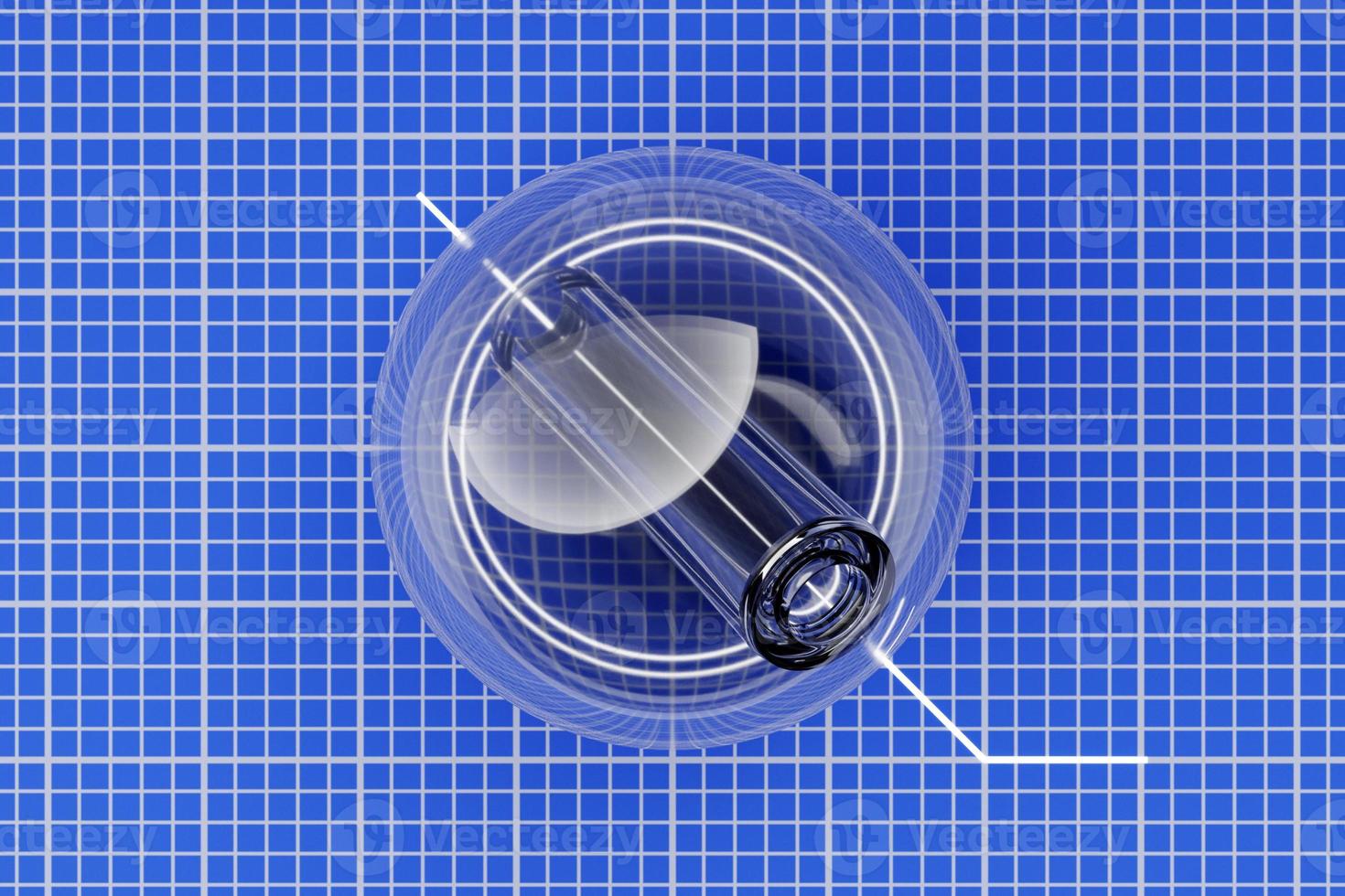 3D illustration drawing of a glass ball with a hole inside on a background of blue millimeter paper photo