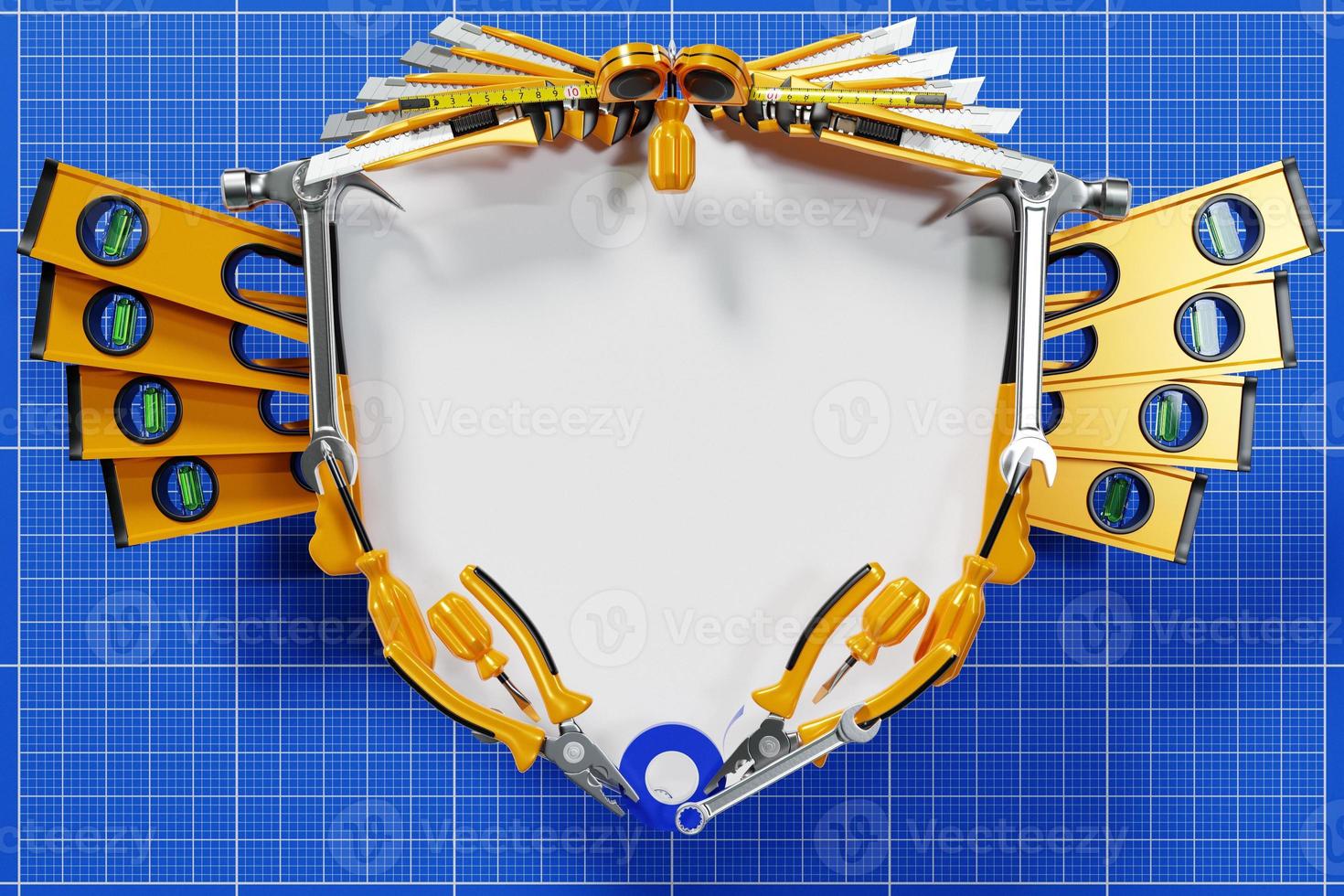 3D illustration of a white frame in the form of a coat of arms with hand tools photo