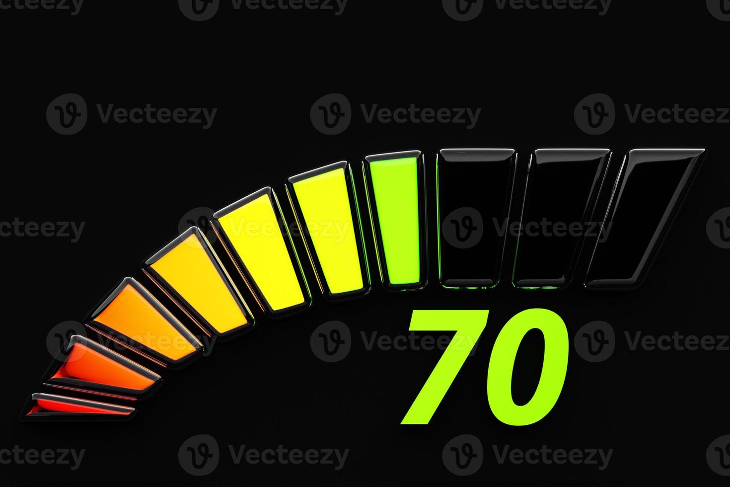 3d illustration  control panel icon with indicator 70 . Normal risk concept on speedometer. Credit rating scale photo