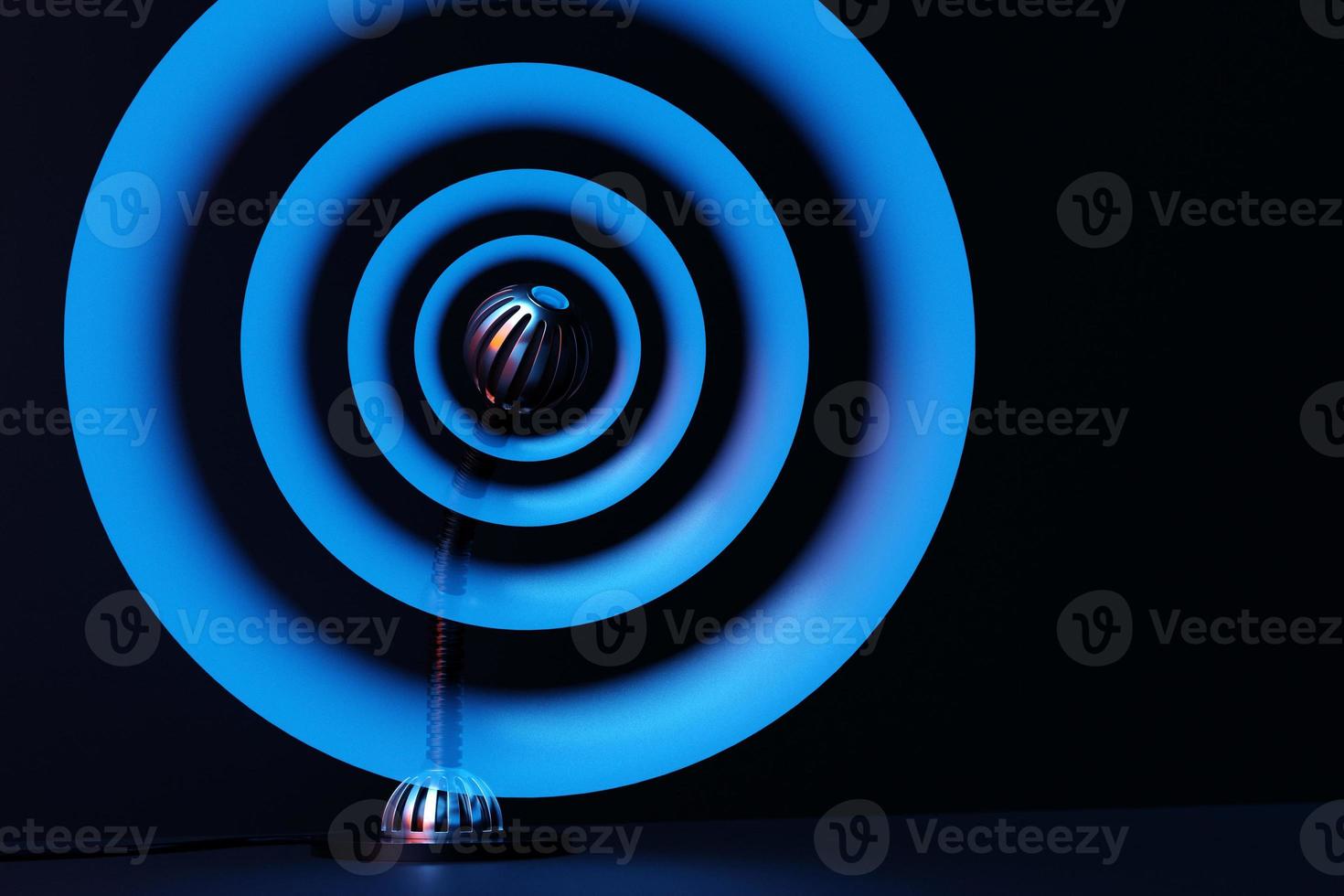 microphone  model on neon background, realistic  3d illustration. music award, karaoke, radio and recording studio sound equipment photo