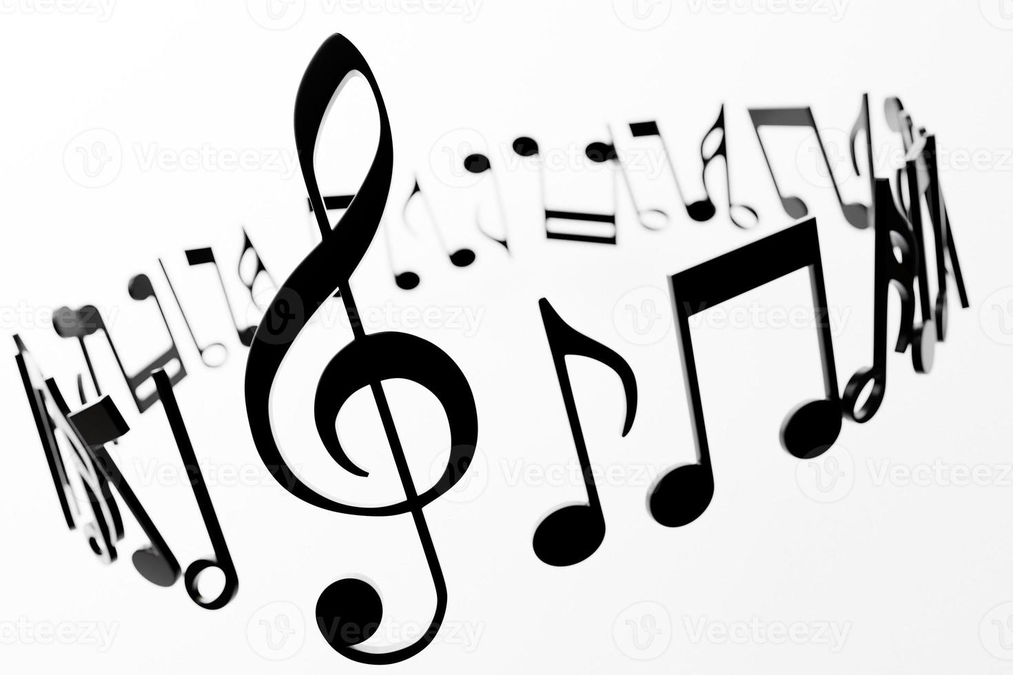 Musical notes and symbols with curves and swirls on a white background under  light color. 3D illustration photo