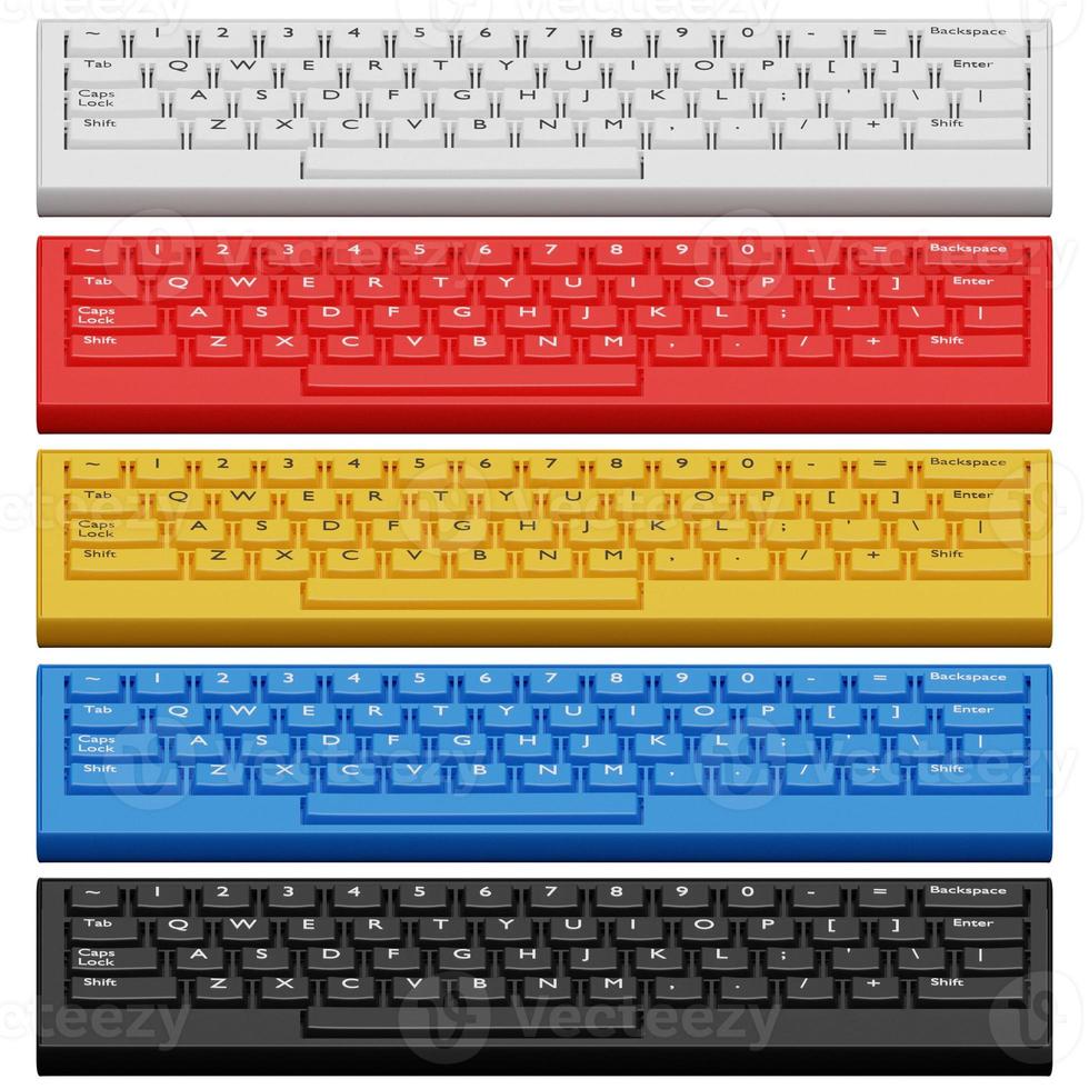 3D illustration, close-up of a realistic computer keyboard in five colors white, black, red, blue and yellow on a white background. photo