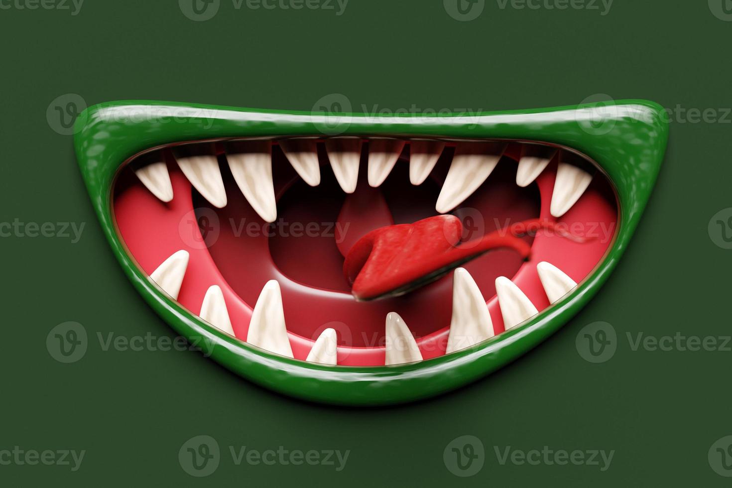 Ilustración 3D de una boca de monstruo. expresión facial divertida, boca abierta con lengua y baba. foto