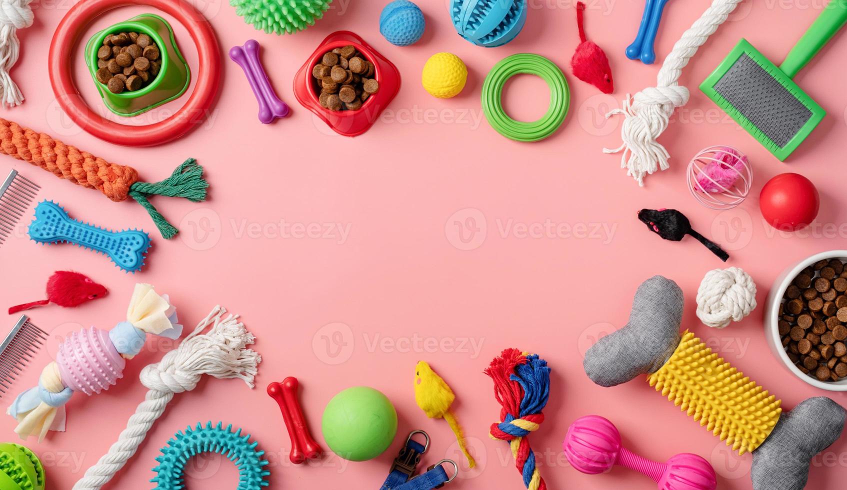 Pet care concept, various pet accessories and tools on pink background, flat lay photo