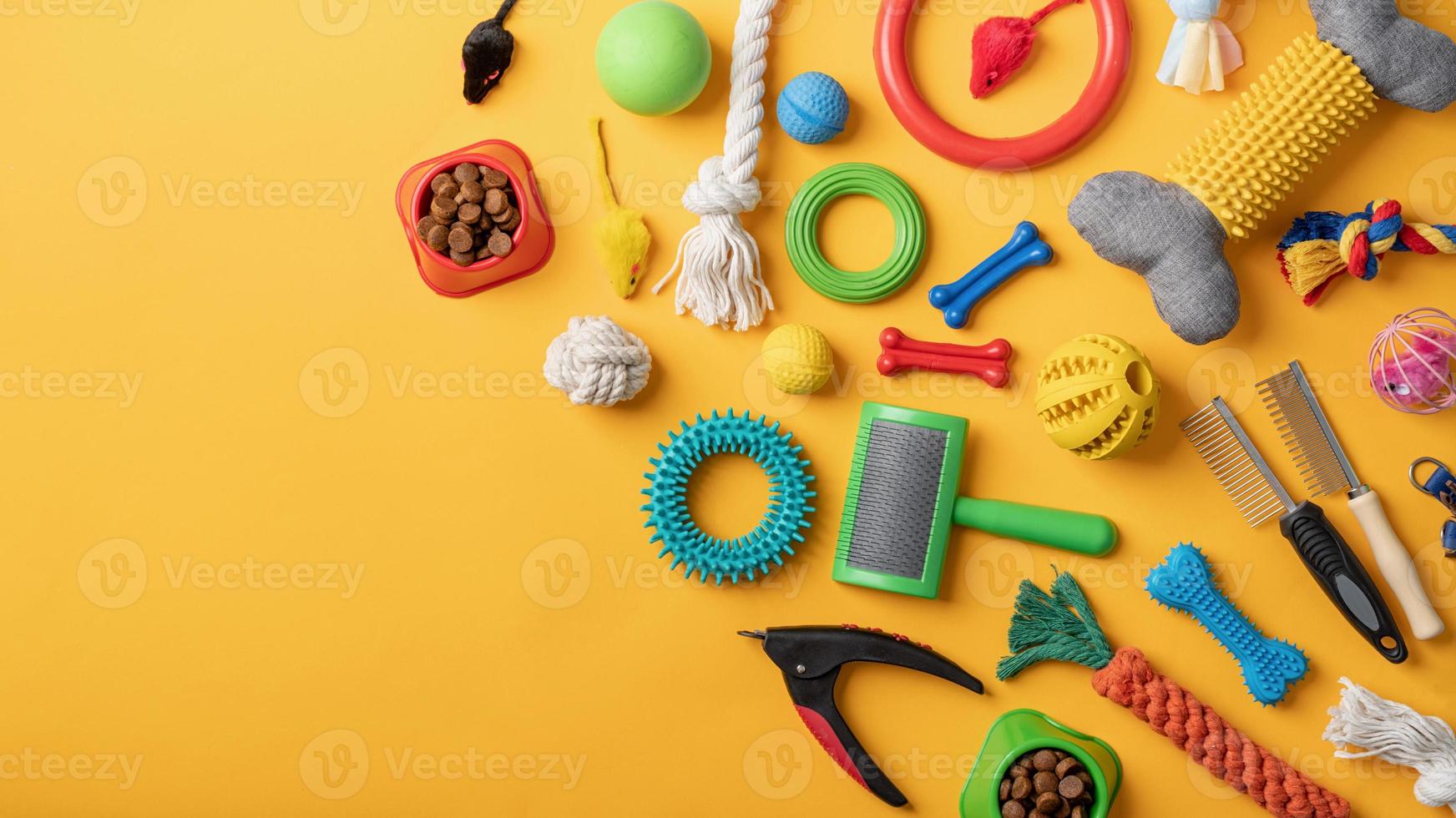 Pet care concept, various pet accessories and tools on yellow background, flat lay photo