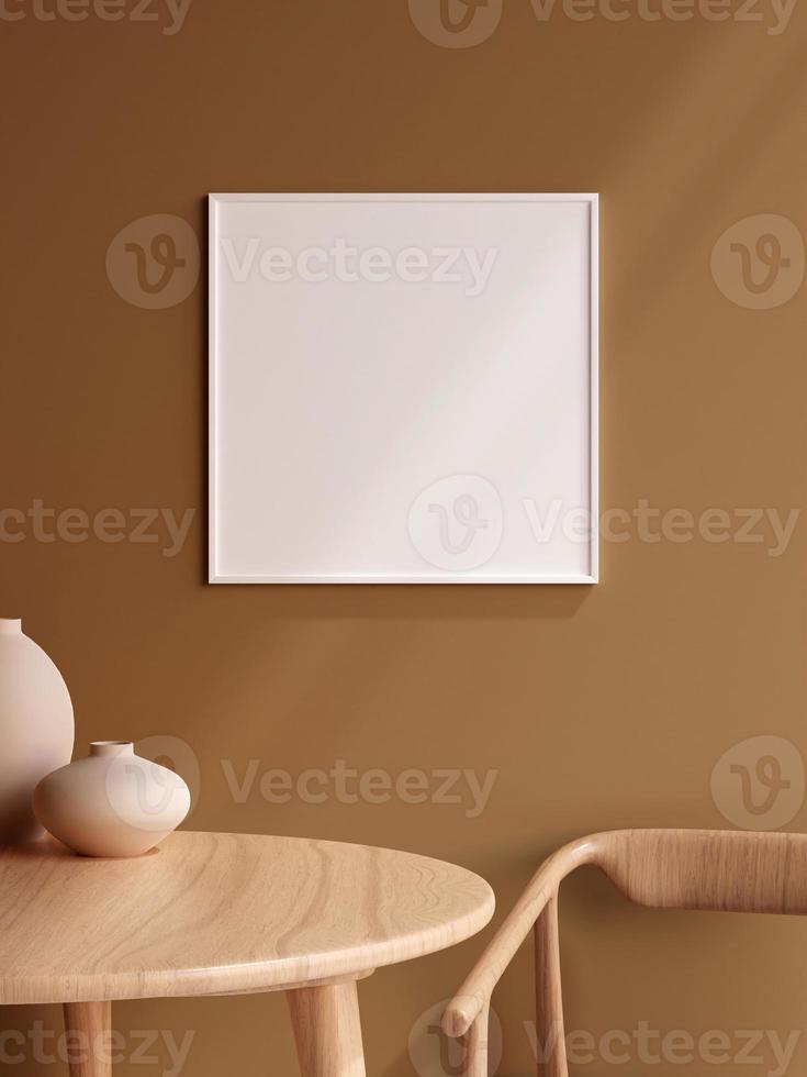 Minimalist square white poster or photo frame in modern living room wall interior design with vase and shadow. 3d rendering.
