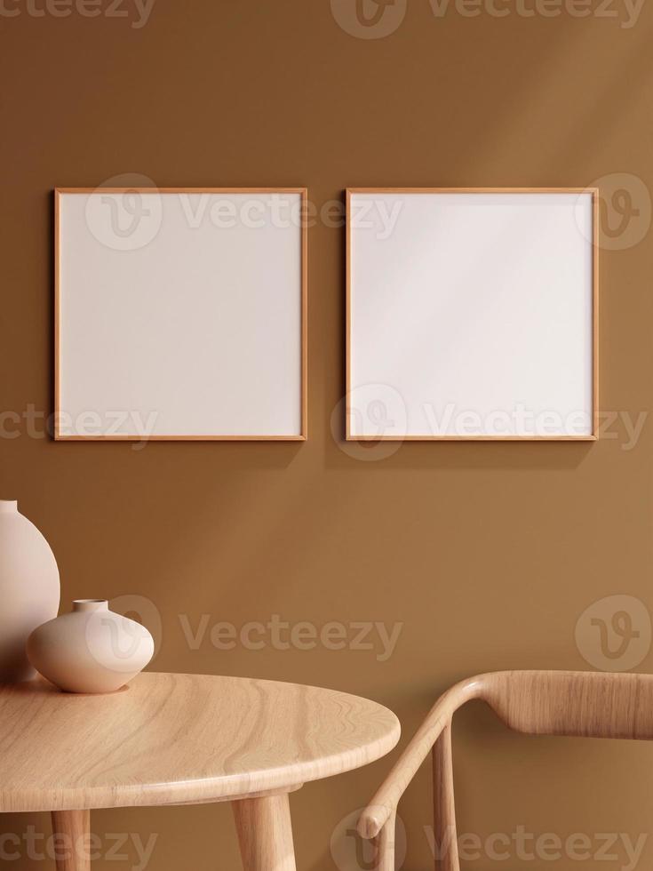 Minimalist square wooden poster or photo frame in modern living room wall interior design with vase and shadow. 3d rendering.