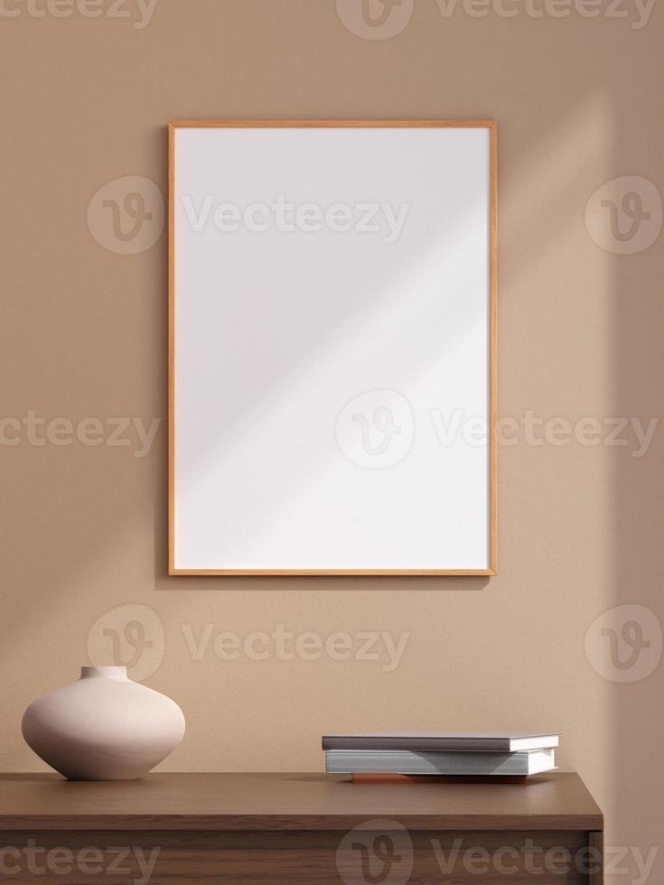 póster de madera de retrato minimalista o marco de fotos en el diseño interior moderno de la pared de la sala de estar con jarrón y sombra. representación 3d