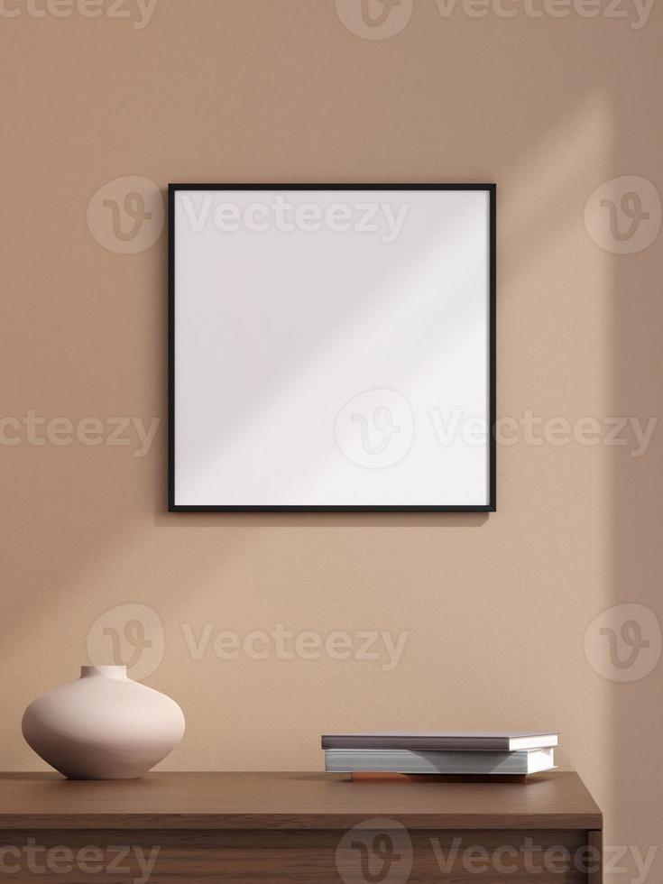 Minimalist square black poster or photo frame in modern living room wall interior design with vase and shadow. 3d rendering.
