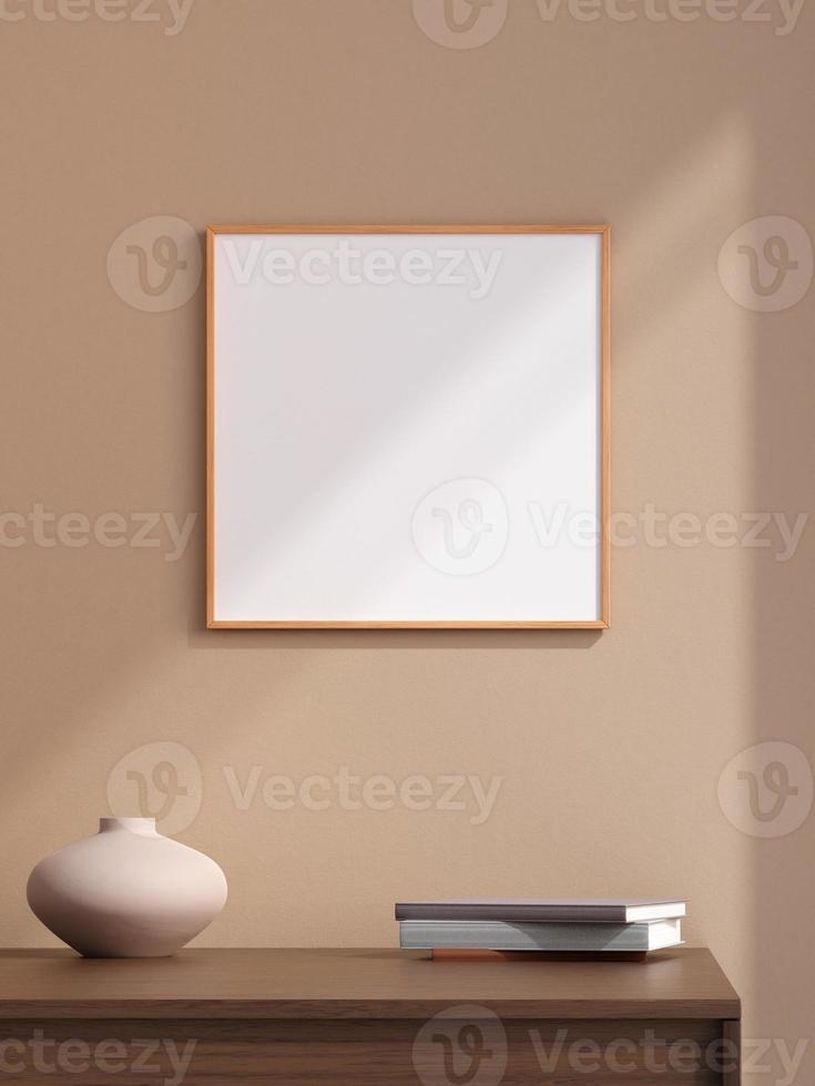 Minimalist square wooden poster or photo frame in modern living room wall interior design with vase and shadow. 3d rendering.