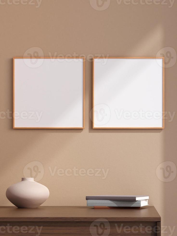 Minimalist square wooden poster or photo frame in modern living room wall interior design with vase and shadow. 3d rendering.