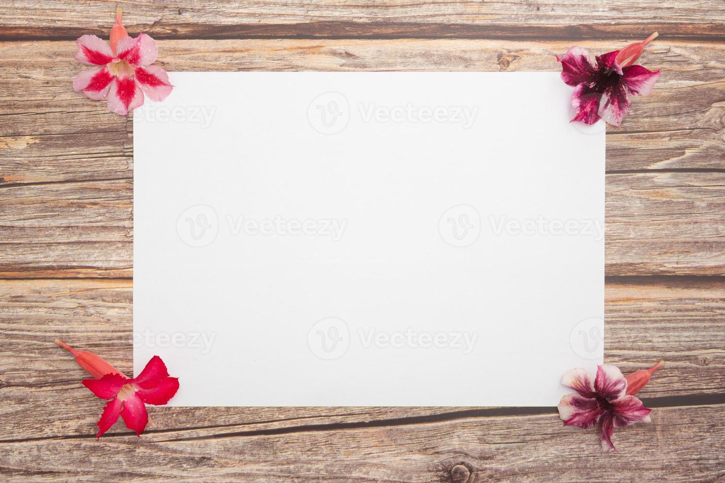 Pink azalea flowers and blank paper sheet on a wooden background.spring border pink blossom, top view. Blank template for your text. flat lay. photo