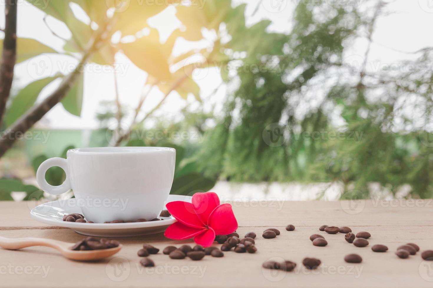 A white coffee cup with a saucer and spoon is placed on a wooden plate on the landscape nature background. photo