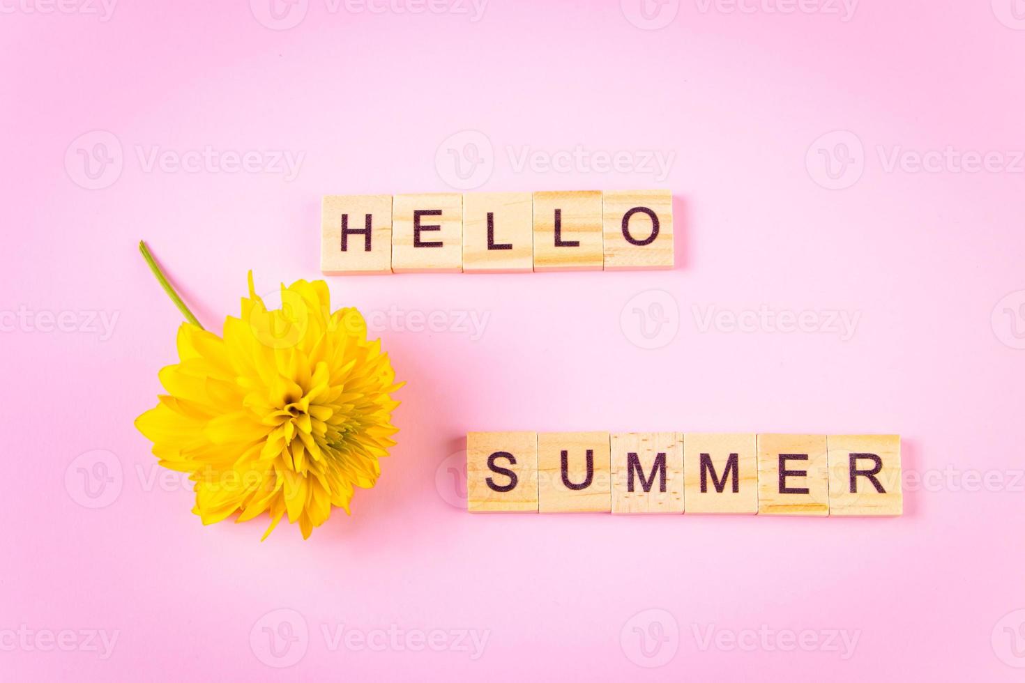 Hello summer concept. Yellow flower on pink background. Wooden lettering photo